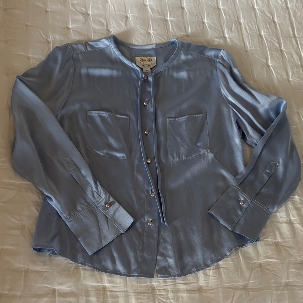 Baby Blue 100% Silk Vintage Talbot Blouse with Silver Pearl Buttons
